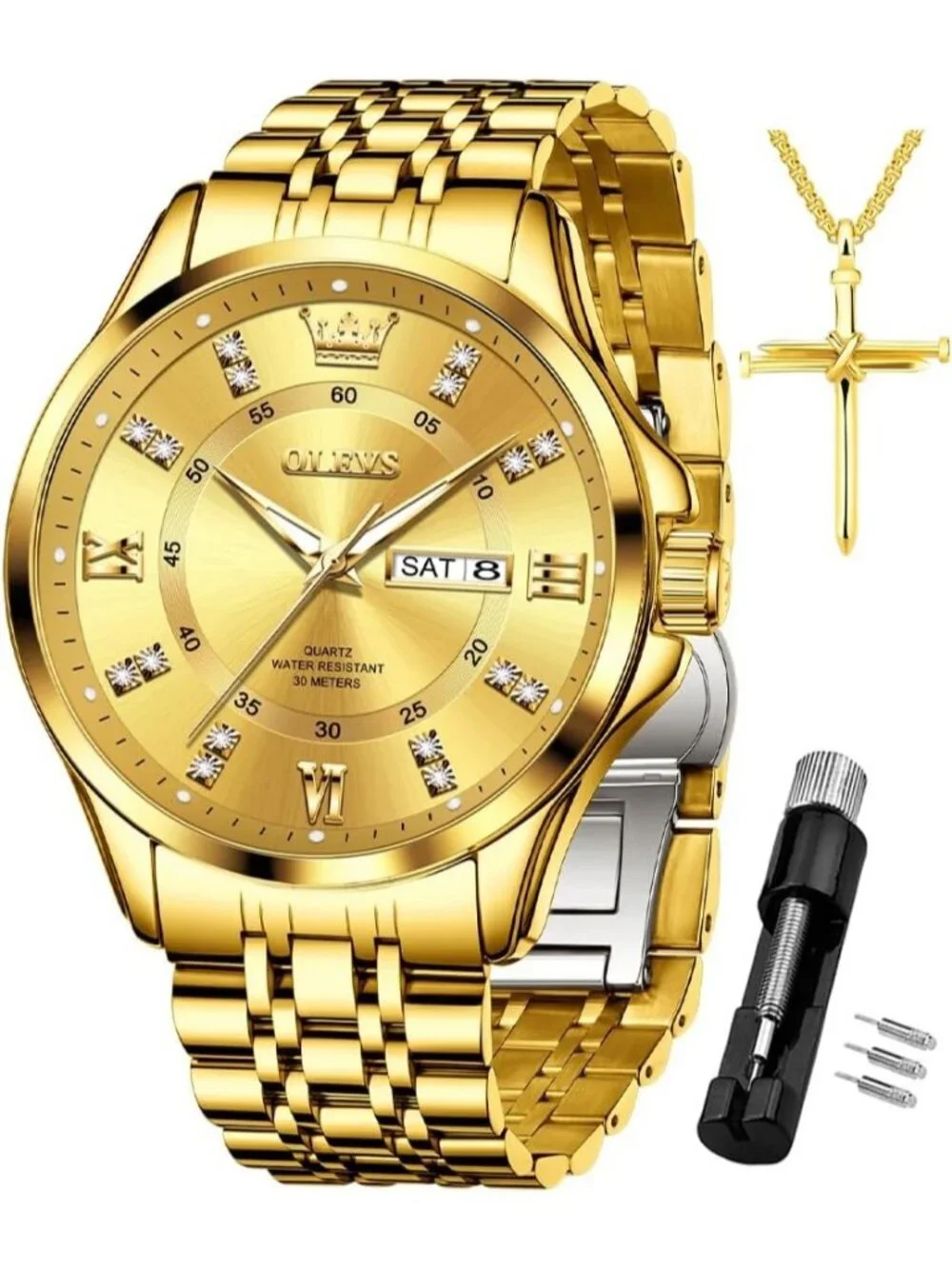 Men's Gold Diamond Stainless Steel Waterproof Luminous Luxury Analog Round Watch